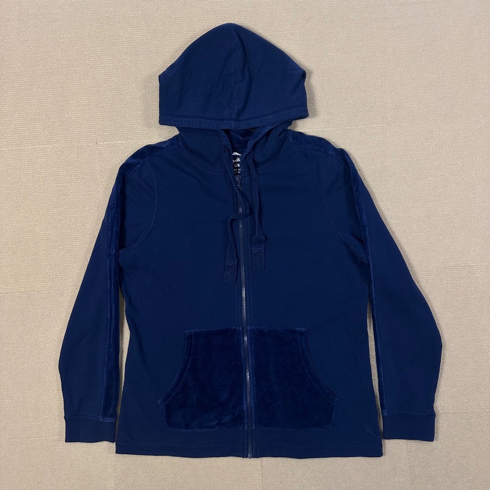 Tommy Bahama Full Zip Hoodie Women Large Navy Blue Velour Trim Pockets Stretch